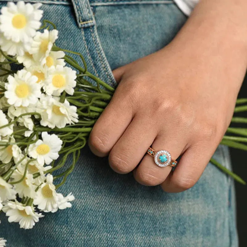 Women's turquoise ethnic style geometric ring with micro inlaid zircon in rose gold colour