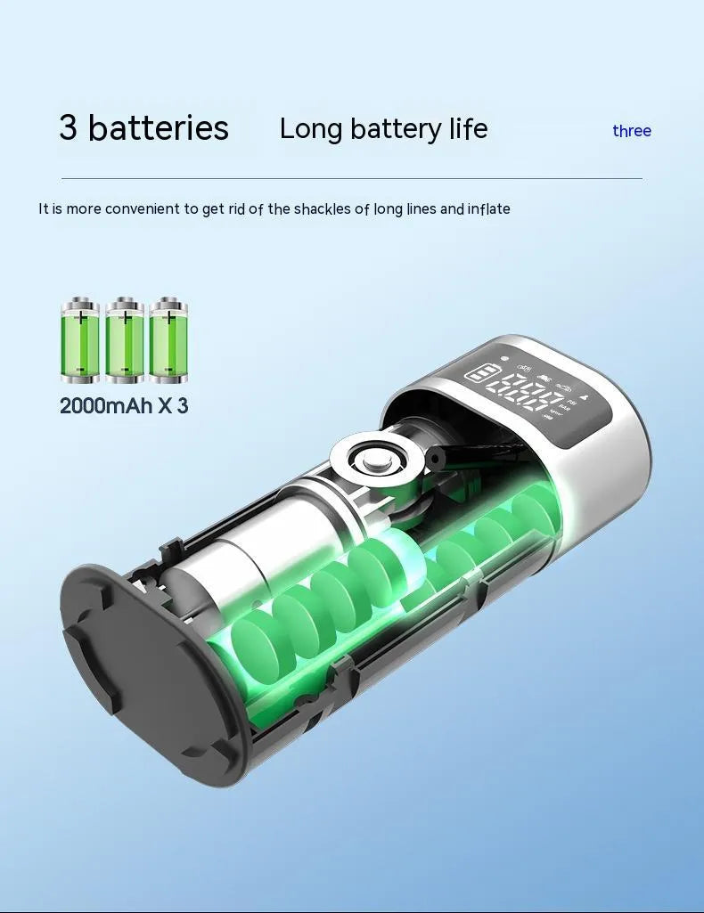 Black portable wireless air pump with 15cm tube, USB charging cable, and multiple nozzles for different inflation needs