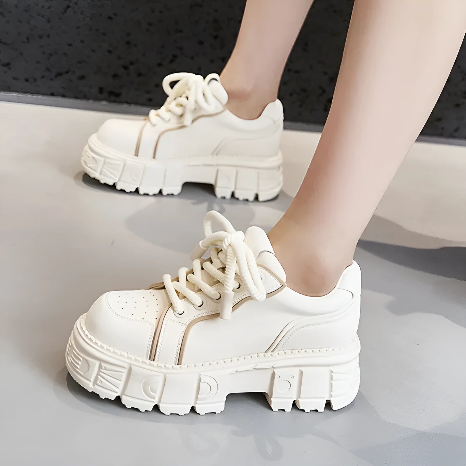 Women's beige muffin bottom casual leather shoes with foam rubber sole
