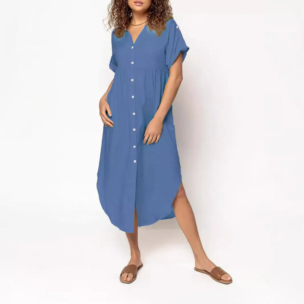 A mid-length casual dress with button detail on the front, shown in a solid colour.