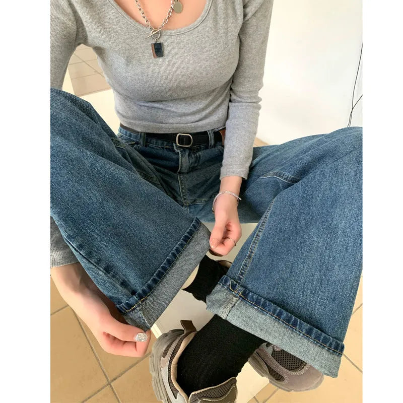Women's retro blue straight leg jeans with high-waist design in three length variations