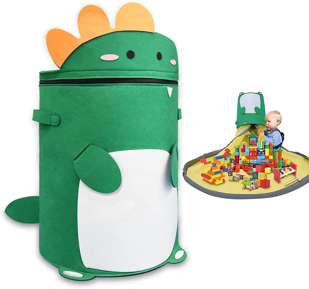 Green felt cube storage bag with a pull rope, laid flat as a play mat.