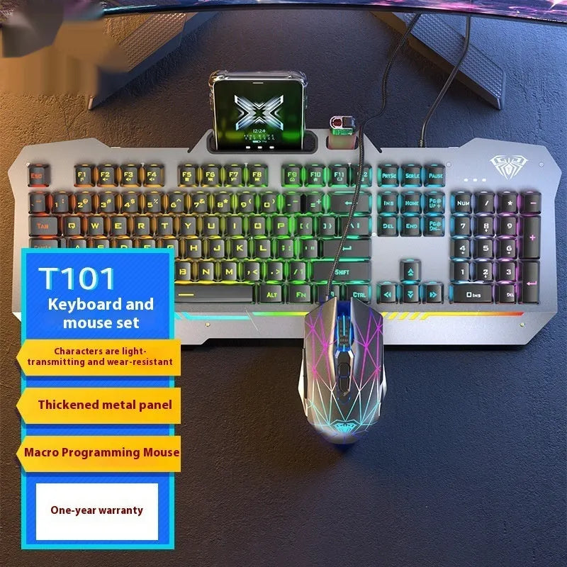 F3010 black and white metal gaming keyboard, mouse, and headset bundle with single-colour LED backlighting.