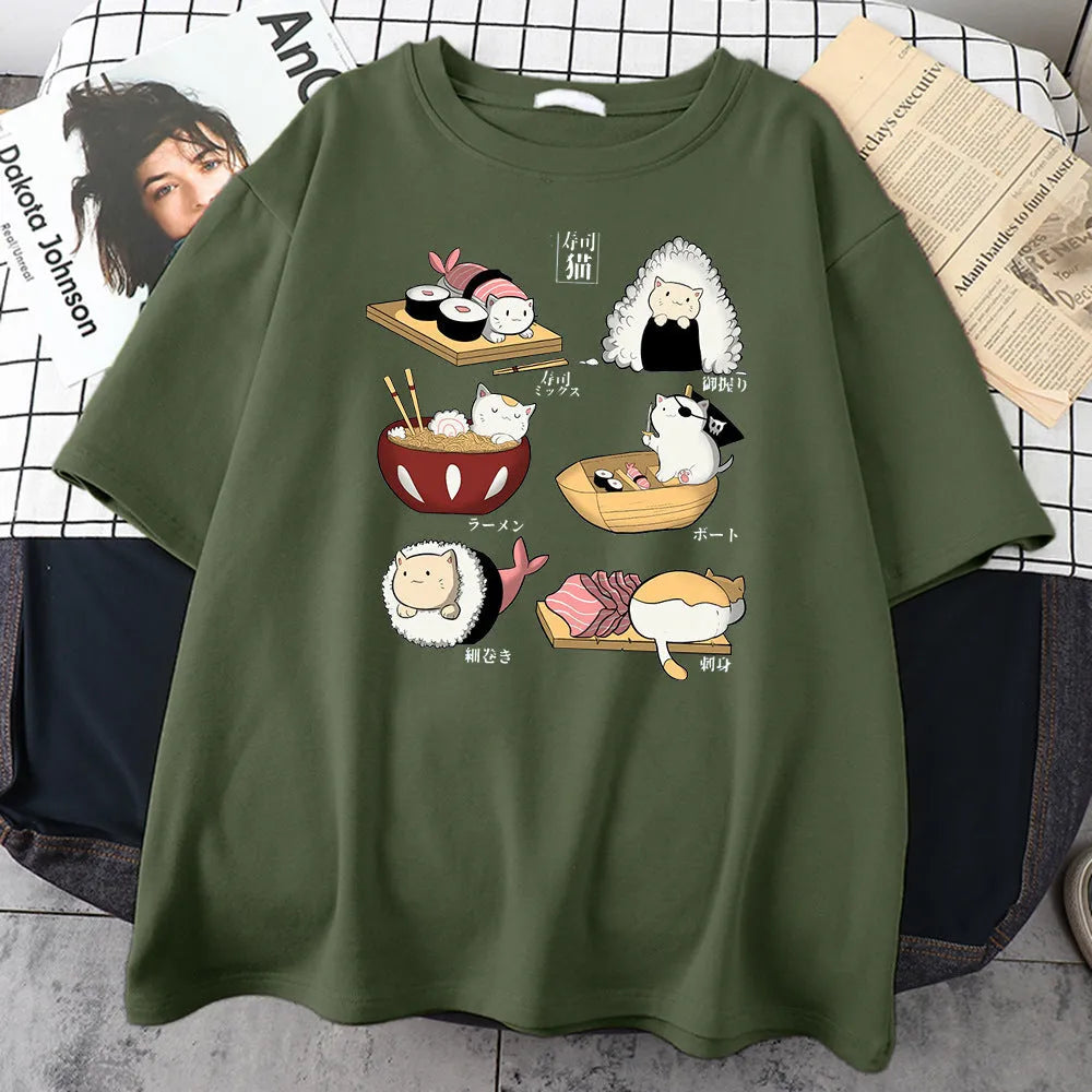 Men's black cotton T-shirt with white cat sushi cartoon print, short sleeves, loose fit
