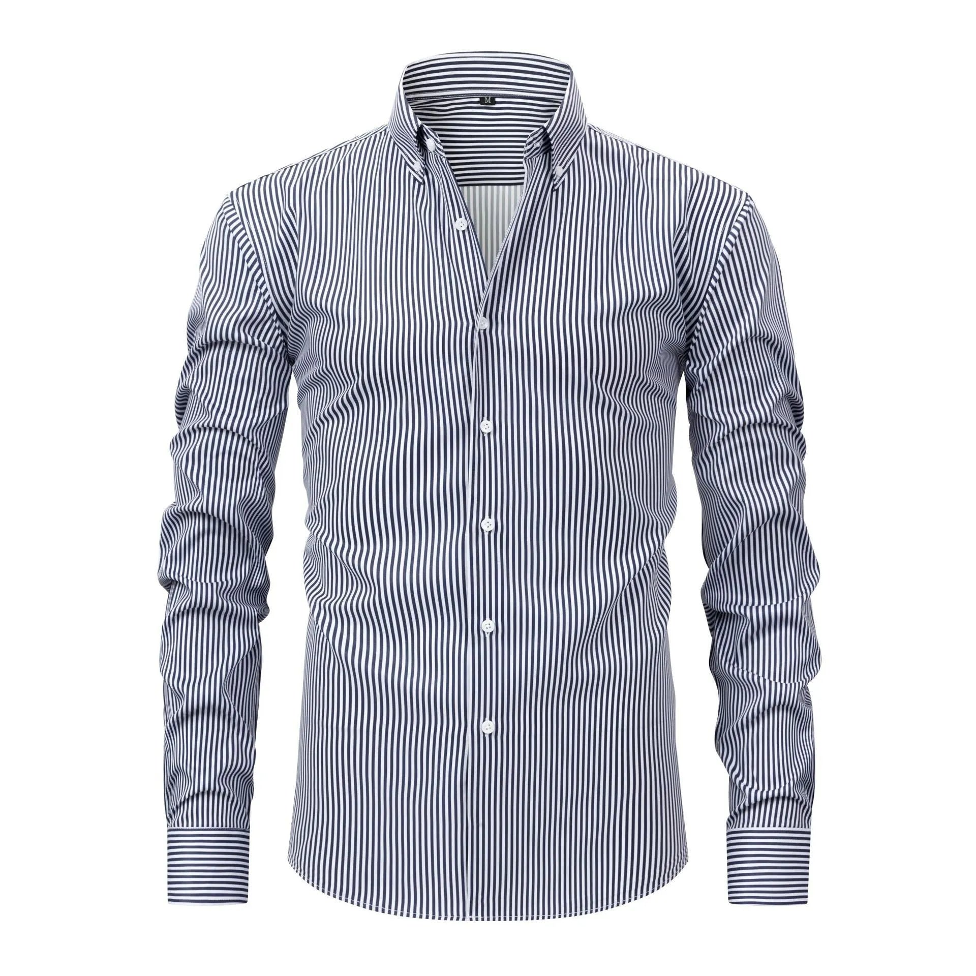 Man wearing a striped long-sleeved business shirt with a lapel collar in an anti-wrinkle fabric.