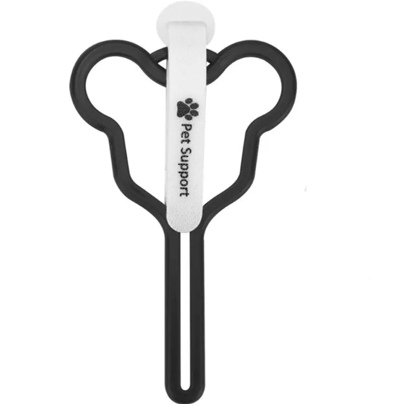 Hands-free dog poop bag holder with Velcro strap attached to a leash.