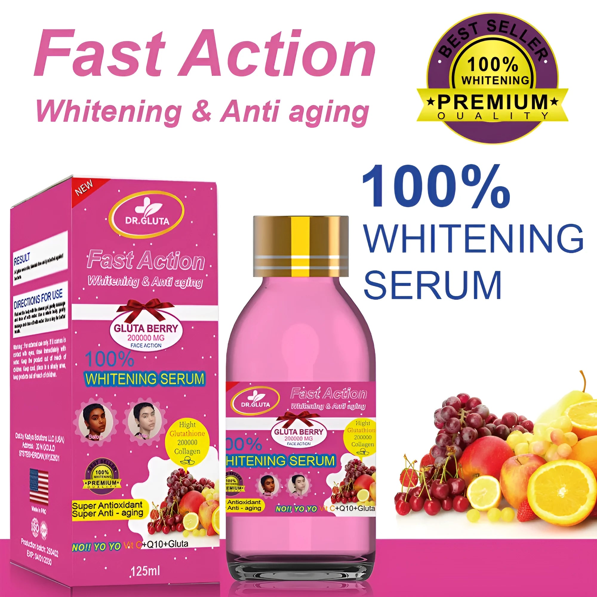 Whitening serum with fruit berry extracts in 125ml bottle for face brightening and anti-ageing