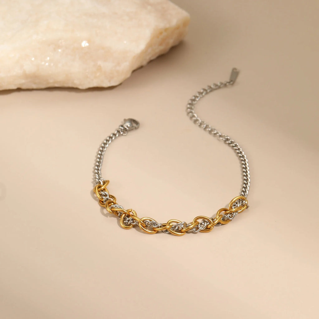 18K gold and silver stainless steel geometric chain jewellery set with necklace earrings and bracelet for women