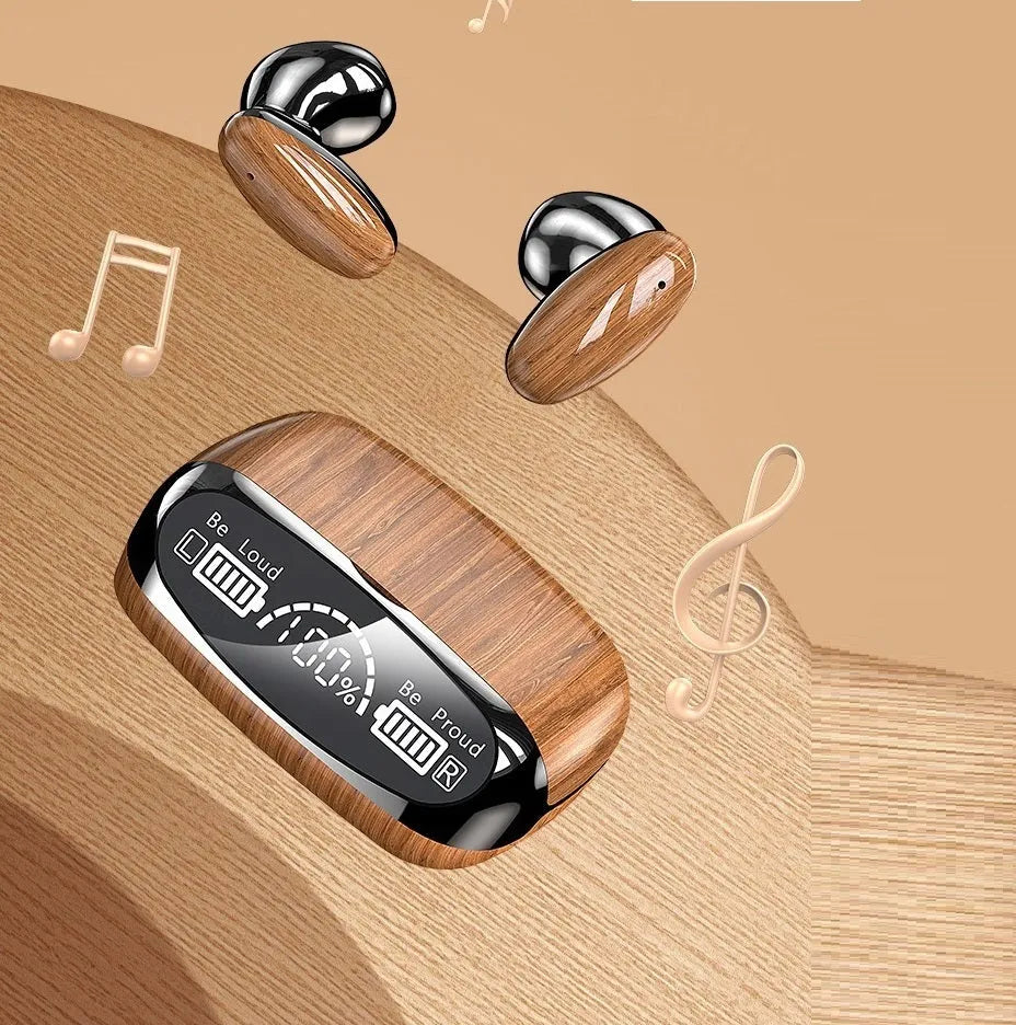 M35 wood grain Bluetooth wireless headset with charging case and cable
