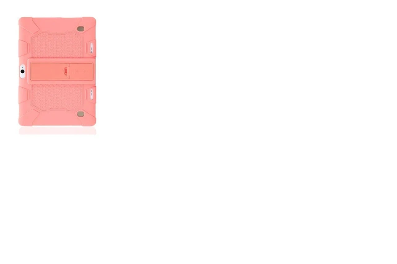 Pink silicone protective case with stand for a 10.1-inch tablet on a table.