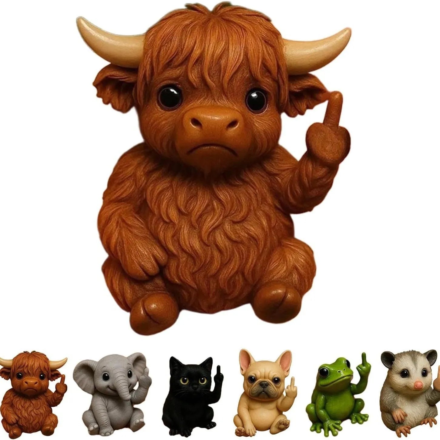 Mini resin animal middle finger ornament doll showing vertical gesture, available in seven animal styles