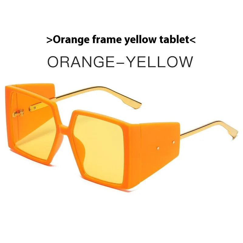 Large square frame sunglasses in seven colours: black, blue, champagne, green, hawksbill, orange, and white.