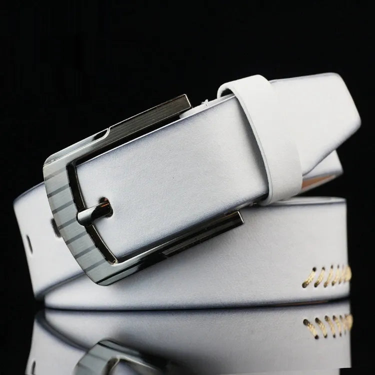 Men's threading casual belt with alloy pin buckle in black colour showing retro pattern design