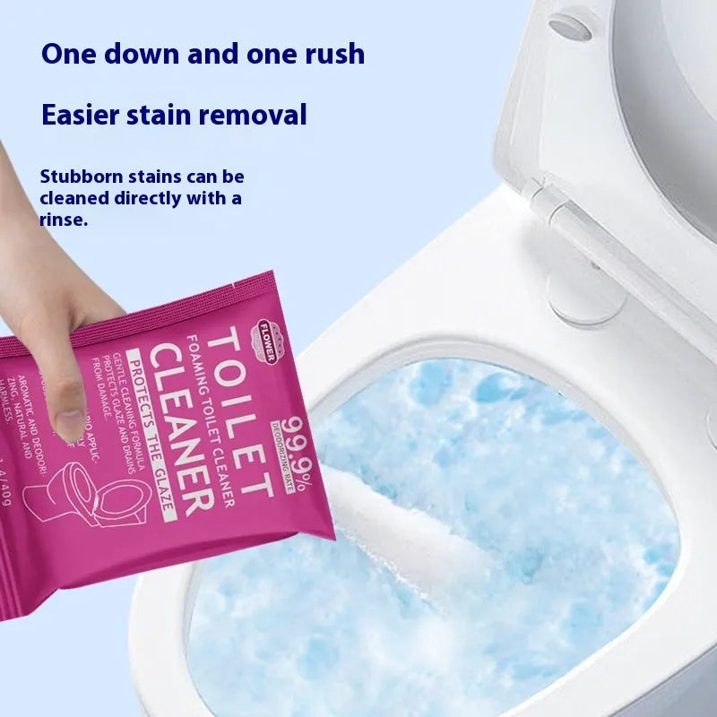 Toilet bubble descaling and anti-blocking powder in blue or pink fragrance, showing box of sachets and large bag options.