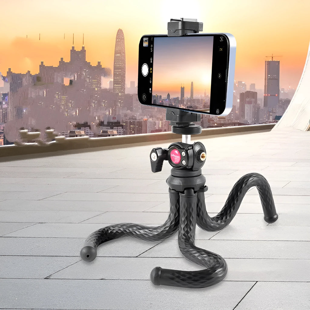 Black octopus-style flexible tripod with mobile phone clip extended to 360mm length.