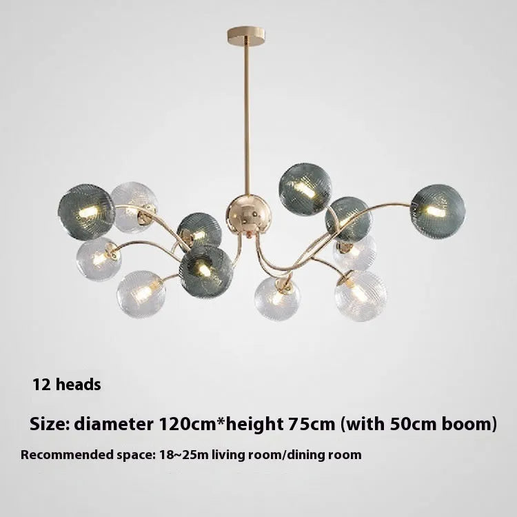 Modern Nordic style multi-head pendant chandelier with green clear lights for a living room.
