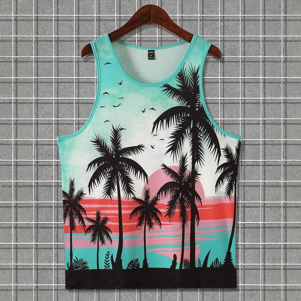 Men's solid colour Hawaiian style sleeveless vest t-shirt made from polyester pinhole cloth