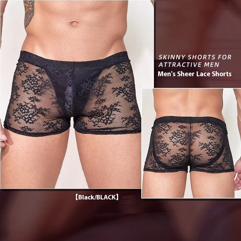 Men's black lace detail nylon boxers on a white background