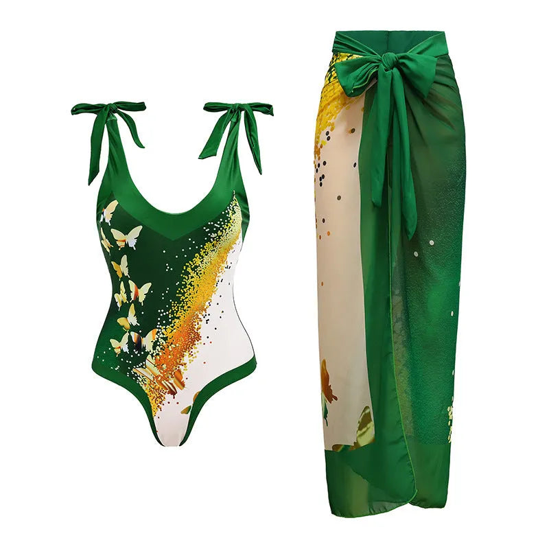 Women's solid colour one-piece swimsuit with spaghetti straps and removable skirt