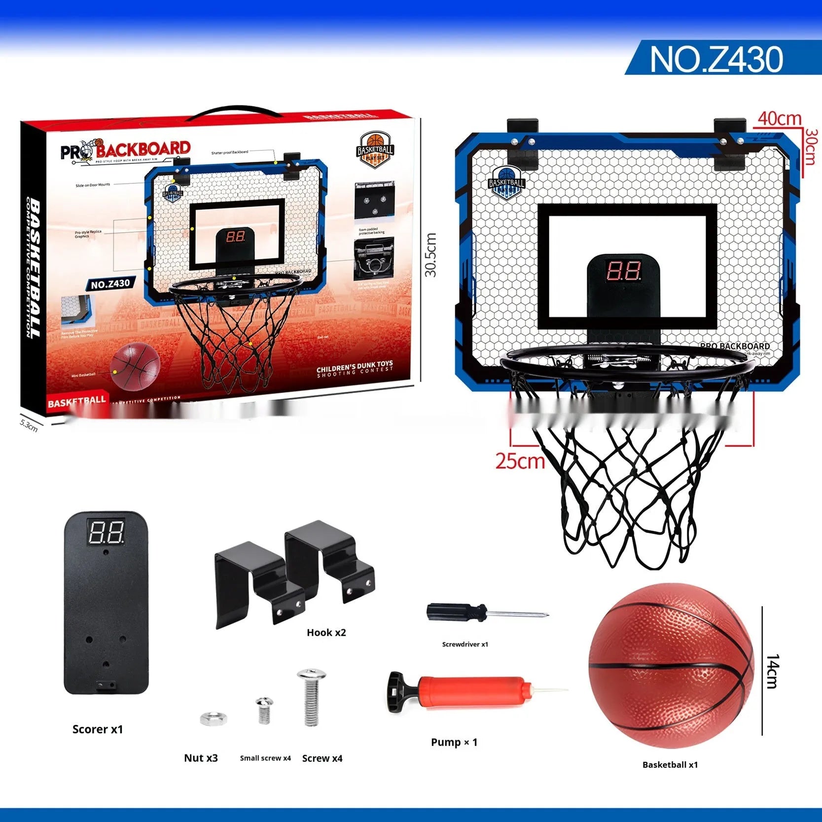 Red foldable indoor basketball hoop with suction cup mount showing dunk scoring and ball rack functions