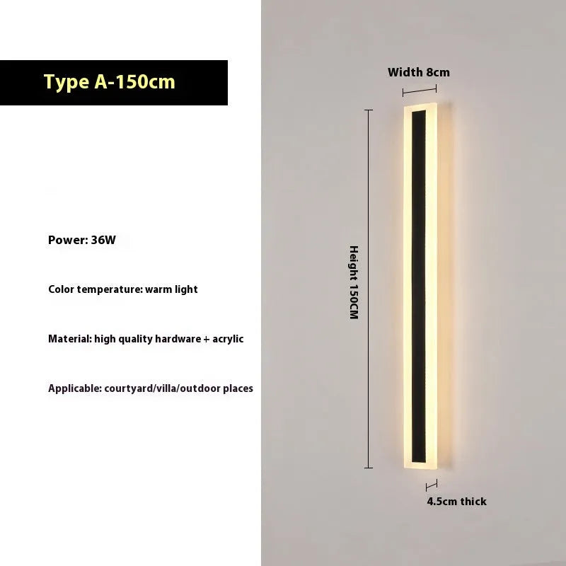 150cm long straight outdoor LED wall light with black wrought iron housing and IP65 waterproof rating.