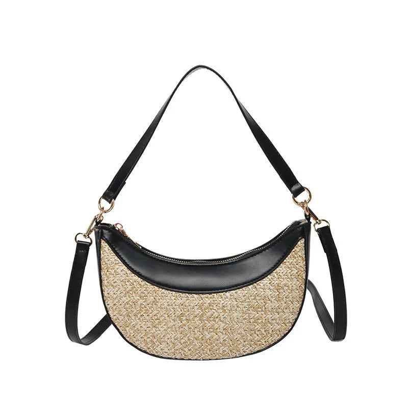 Straw dumpling-shaped crossbody bag with sandwich pocket in black, green, brown or white colour options