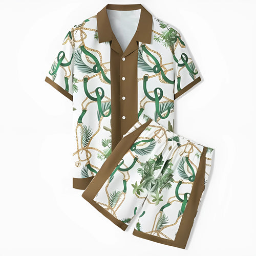Plaid print beach outfit set showing matching short sleeve shirt and trousers for men