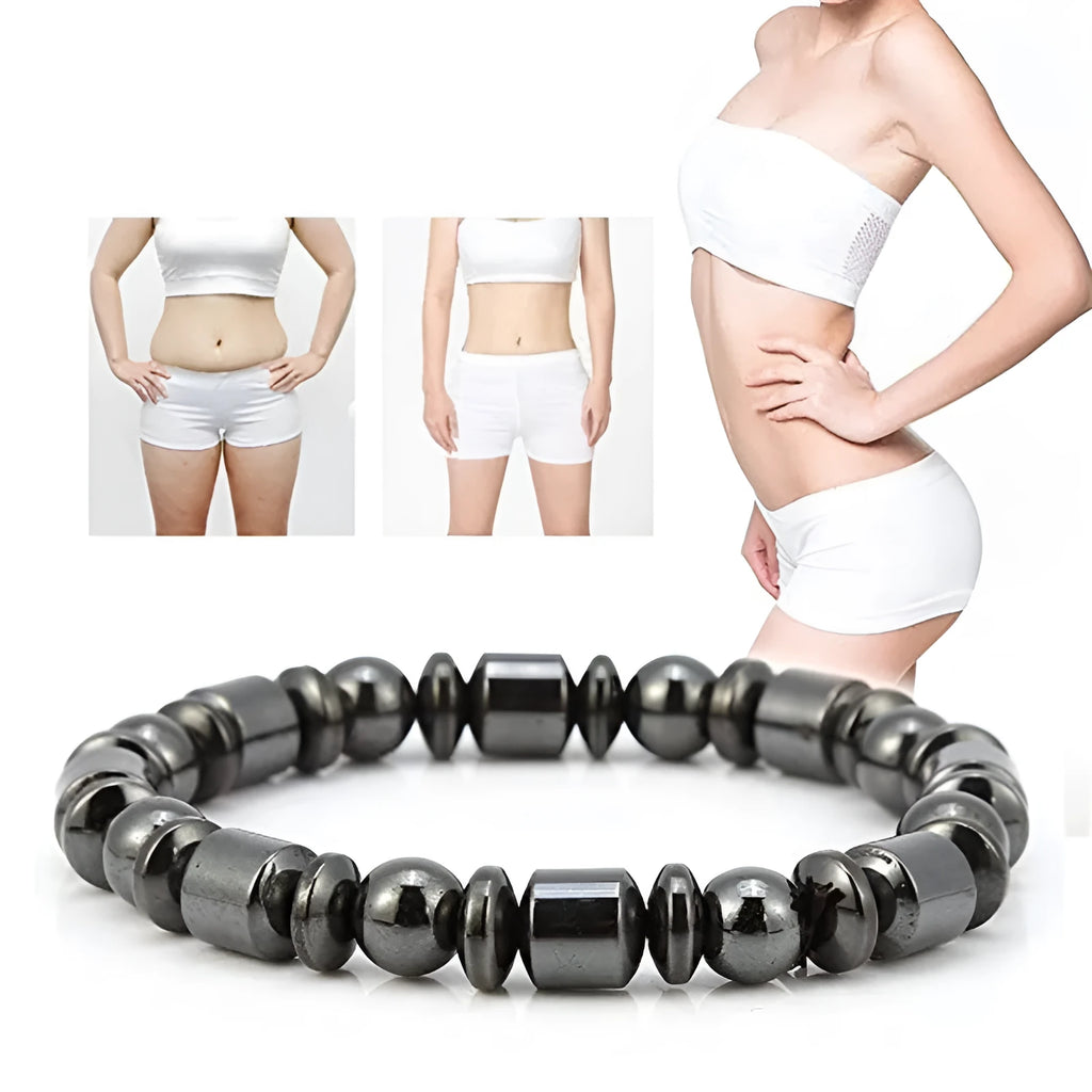 Black stretch bracelet with a pentagram design made from magnetite and hematite stones.
