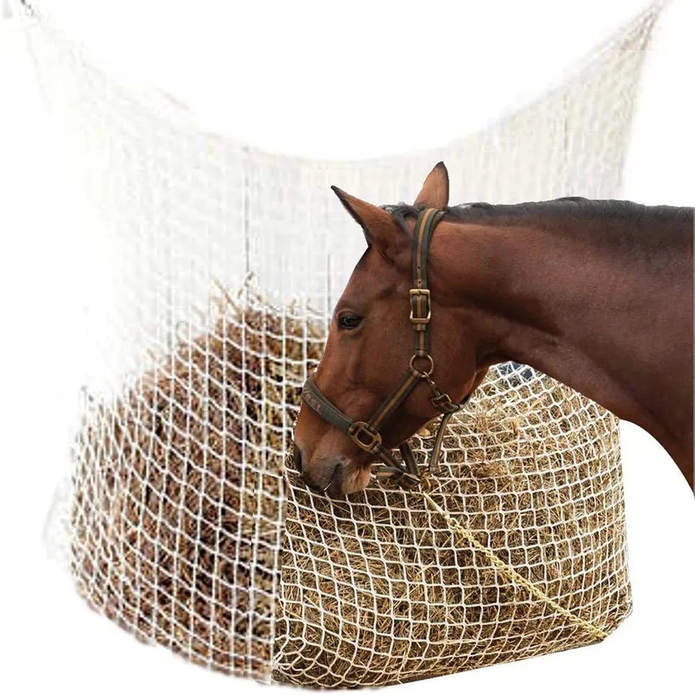 Black woven grid hanging feeding bag for horses and cattle, showing size and rope construction.