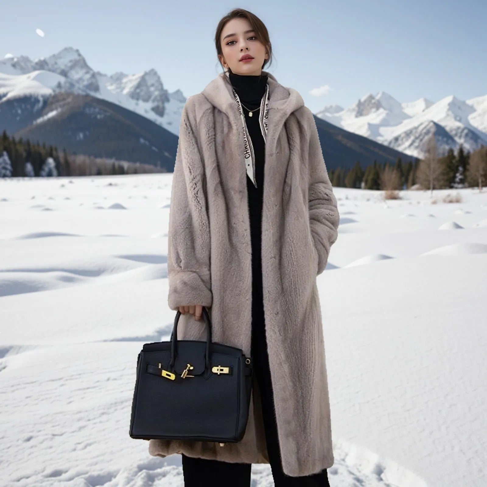 Women's plus size long faux fur coat in brown leopard print colour with 100cm length