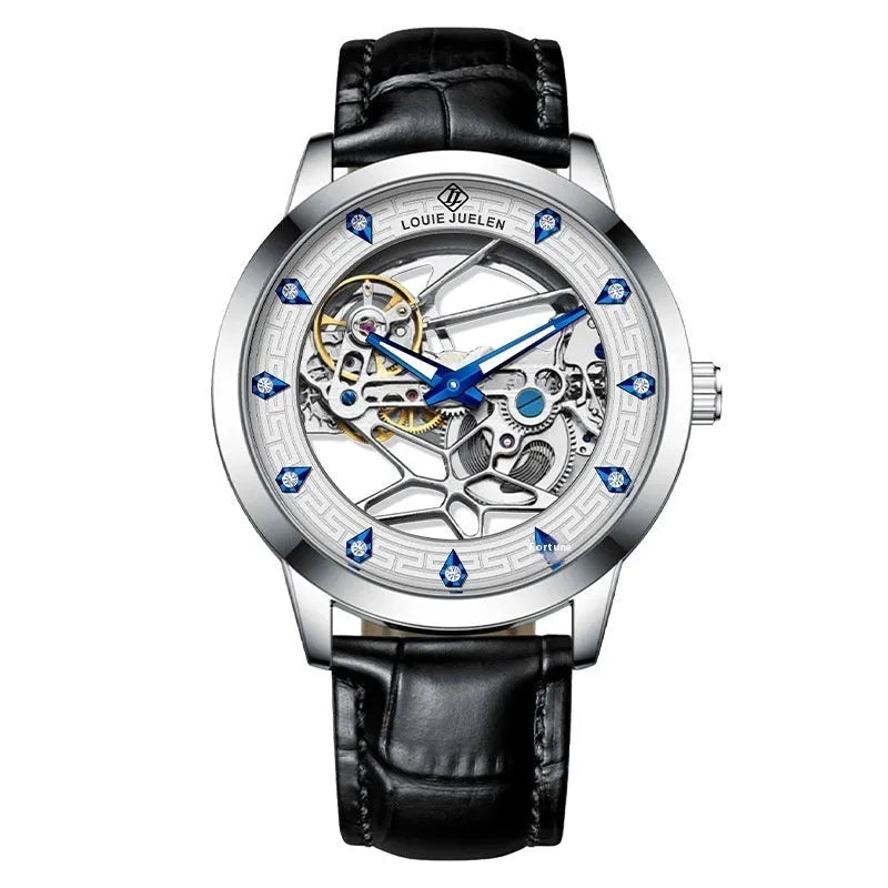 Men's silver stainless steel mechanical watch with luminous hands, black leather strap and waterproof design