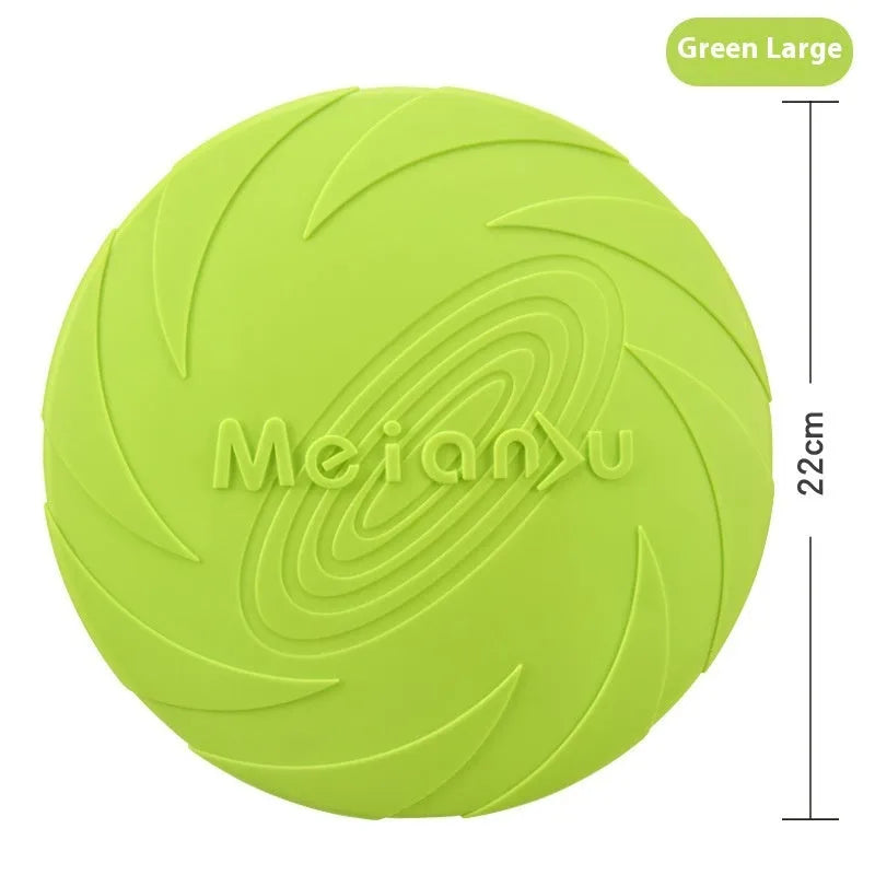 Soft rubber dog frisbee in red, blue, or green colours in small, medium, or large sizes