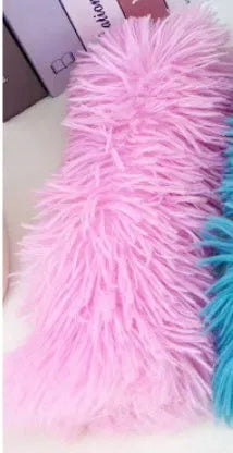 Plush cat toy pillow with crinkle paper in blue, green, pink and white colours measuring 27cm by 10cm