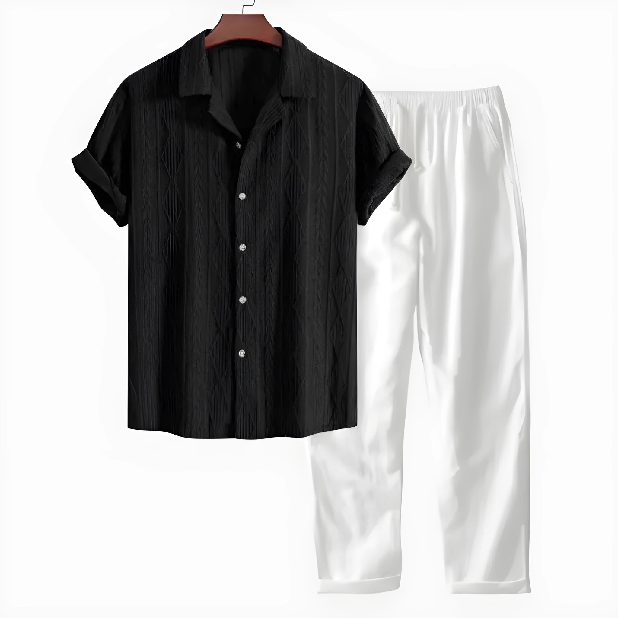Men's slim-fit camouflage print casual suit with short-sleeved shirt and trousers.