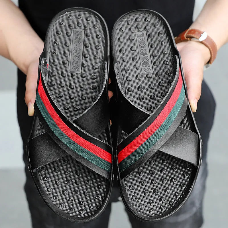 Men's cowhide flip-flops with non-slip PU sole in white, blue, and black colours