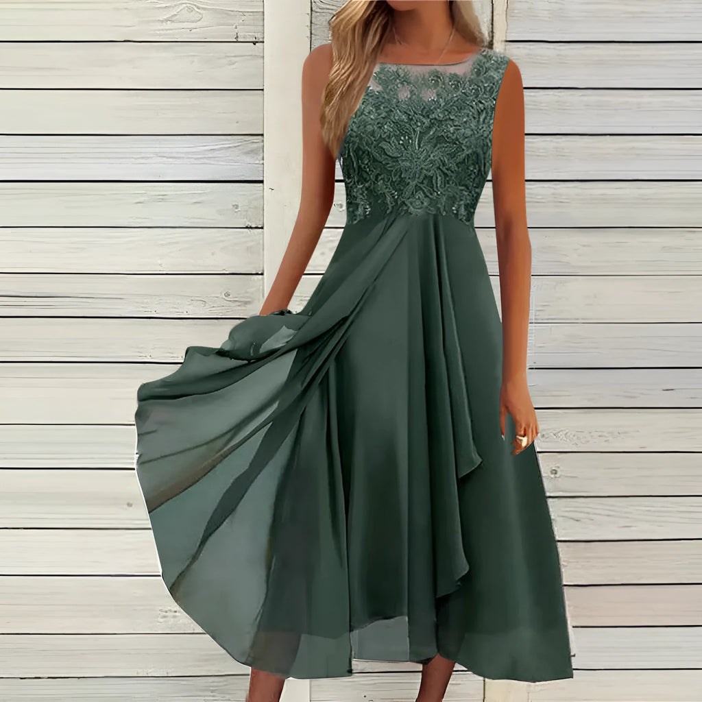 Women's sleeveless chiffon dress with lace stitching in green, purple or blue colours