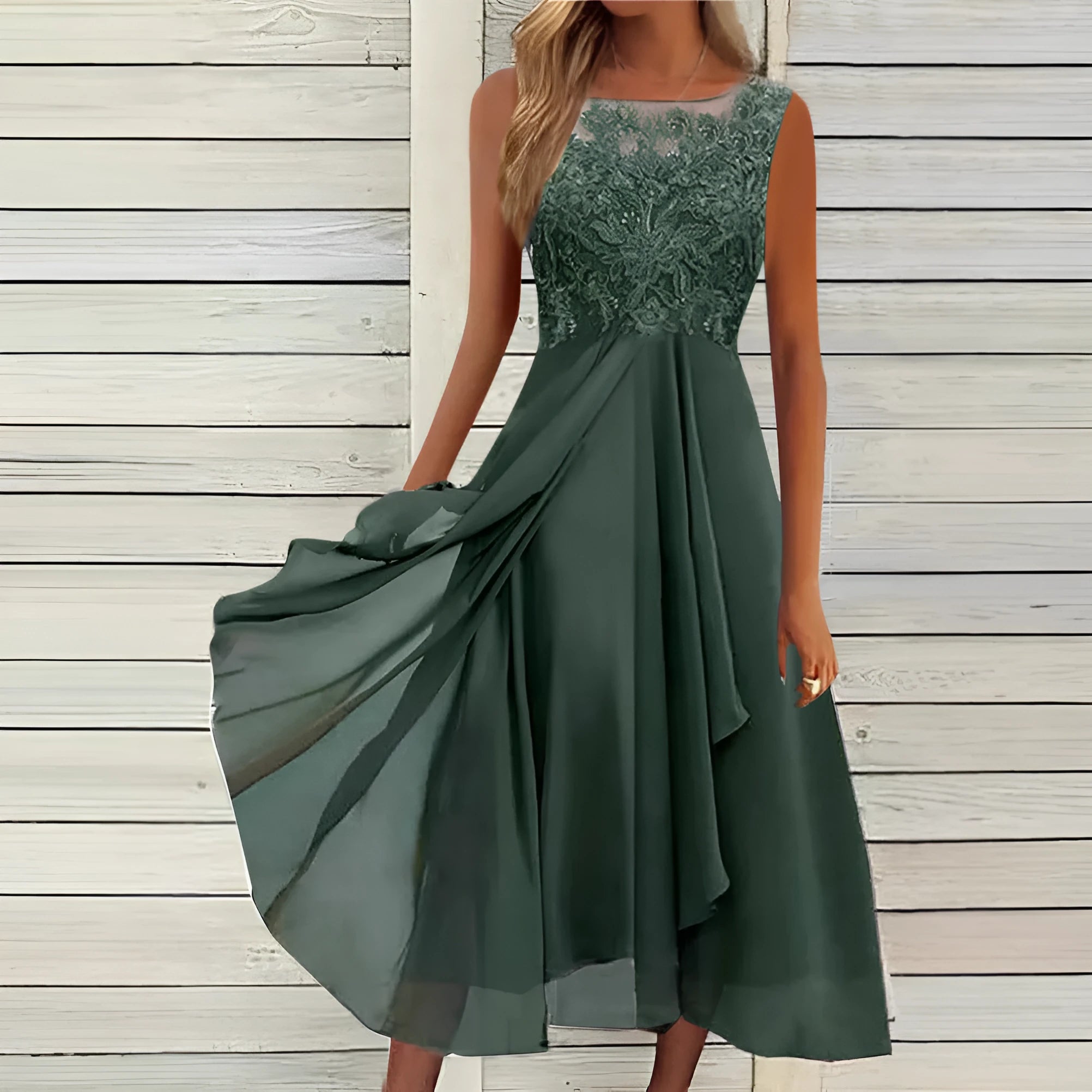 Women's sleeveless chiffon dress with lace stitching in green, purple or blue colours