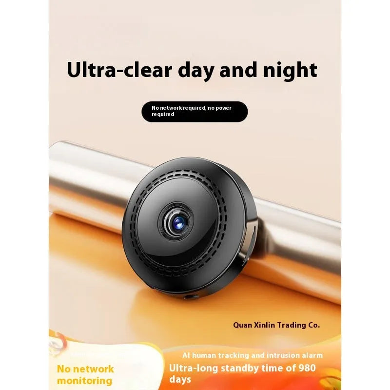 Wireless 360-degree rotating security camera on a stand with HD night vision.