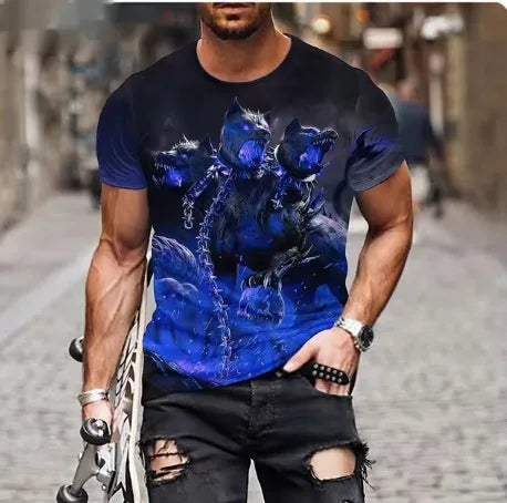 Men's black T-shirt with a detailed, raised 3D lion print on the chest.