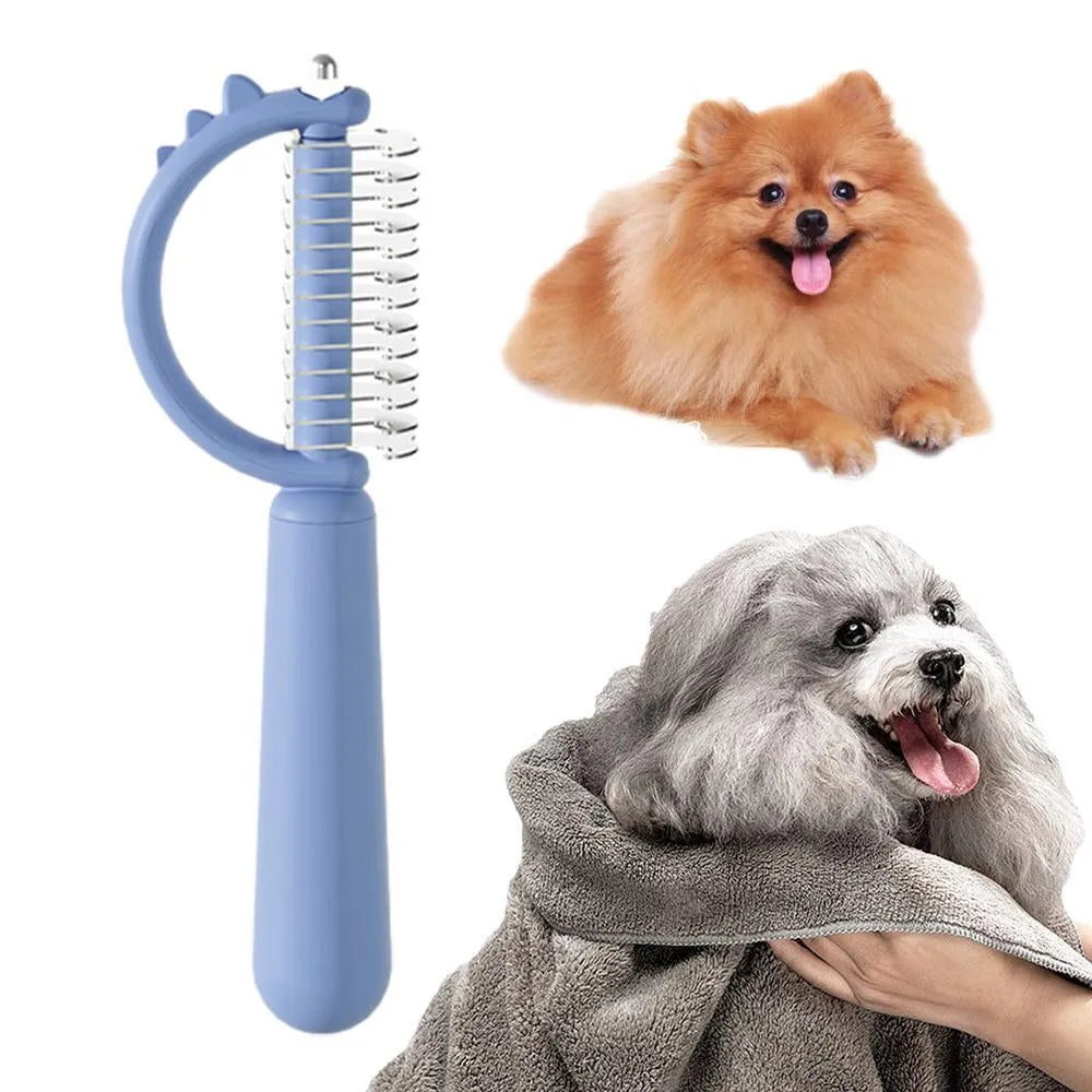 Blue dinosaur-shaped cat brush with stainless steel bristles and self-cleaning button