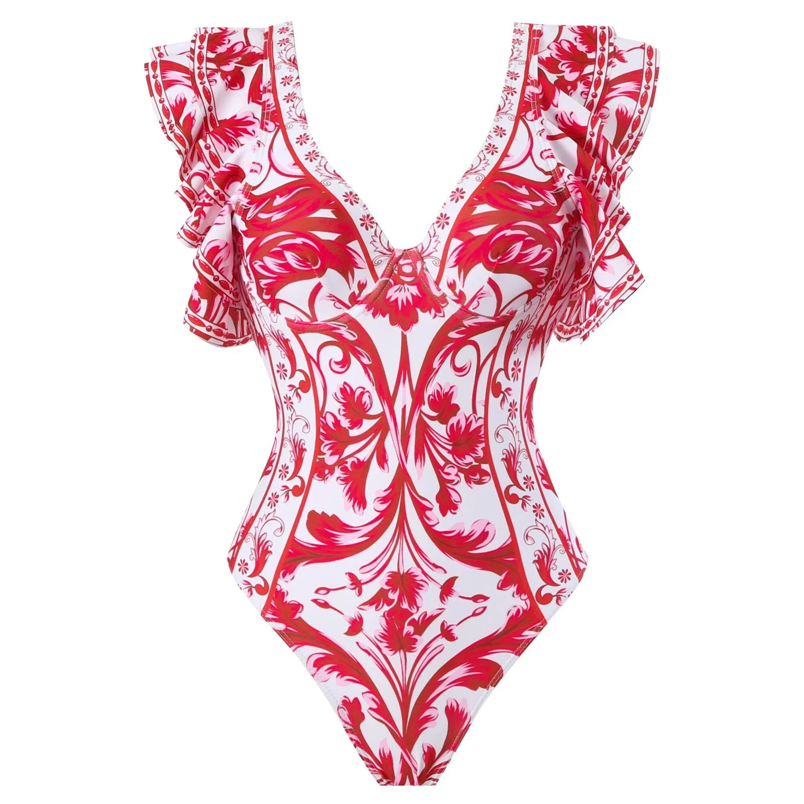 Women's printed one-piece swimsuit with a matching skirt cover-up in a rose pink floral pattern.