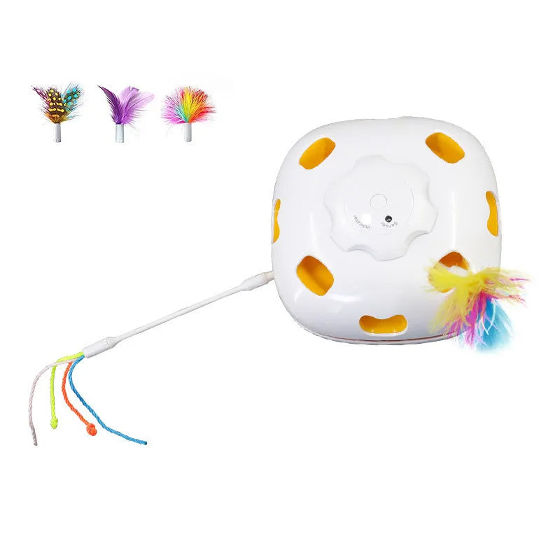 Plastic cat teaser toy with self-hi relief mechanism measuring 19.8cm by 11.5cm by 19.5cm