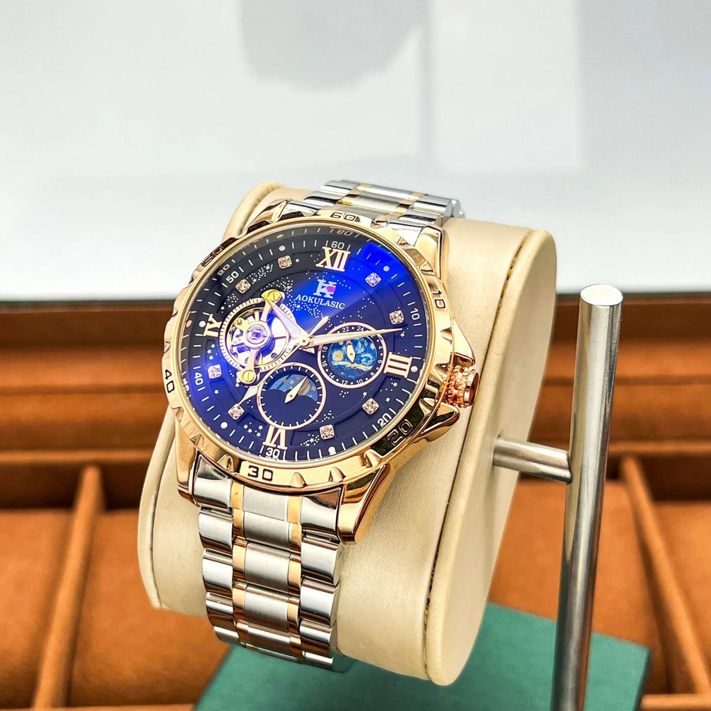 Men's rose gold shell black surface automatic mechanical watch with large dial on wrist