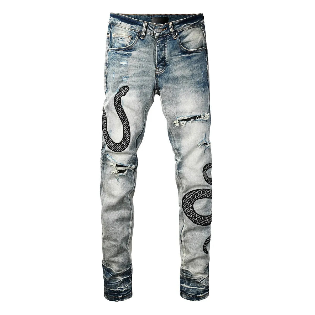 Men's blue distressed skinny jeans with a retro wash, showing a tight leg fit and button fly detail.