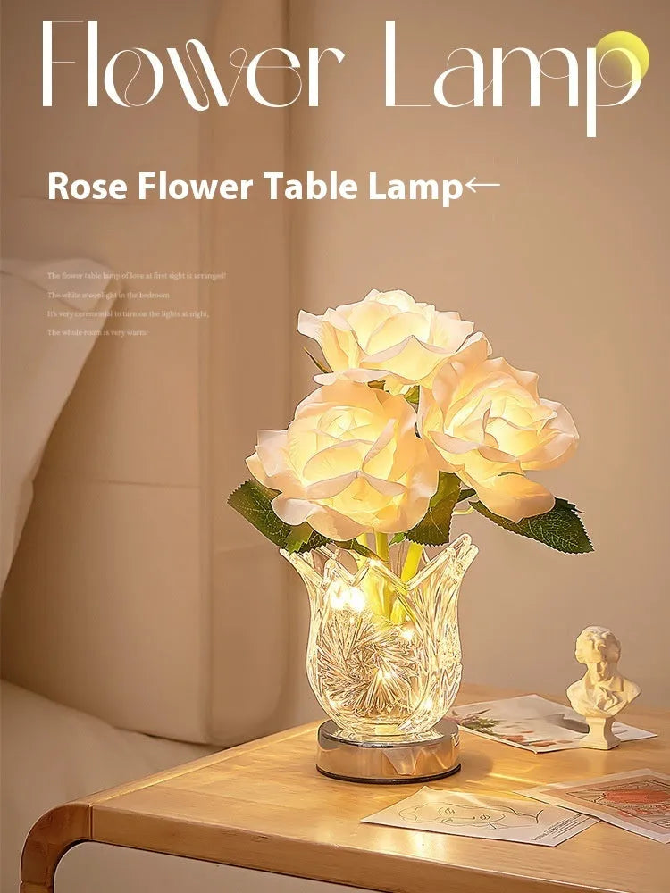 Crystal flowers design USB rechargeable table lamp with touch dimming control on wooden surface