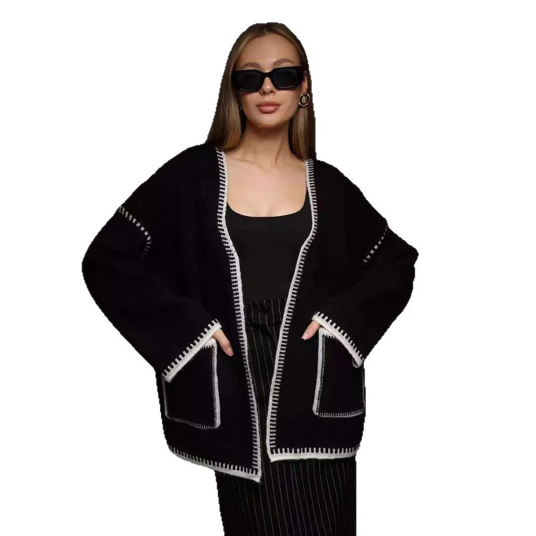 Lace-up knitted cardigan in camel colour with loose fit and mid-length design