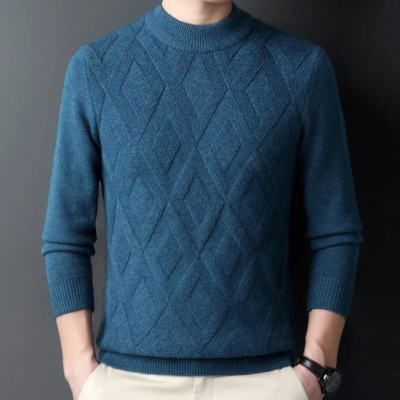 Men's thick diamond jacquard winter sweater in wool blend shown in light camel colour