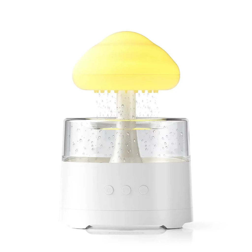 White resin mushroom cloud shaped desktop aroma diffuser with colourful light modes and USB cable