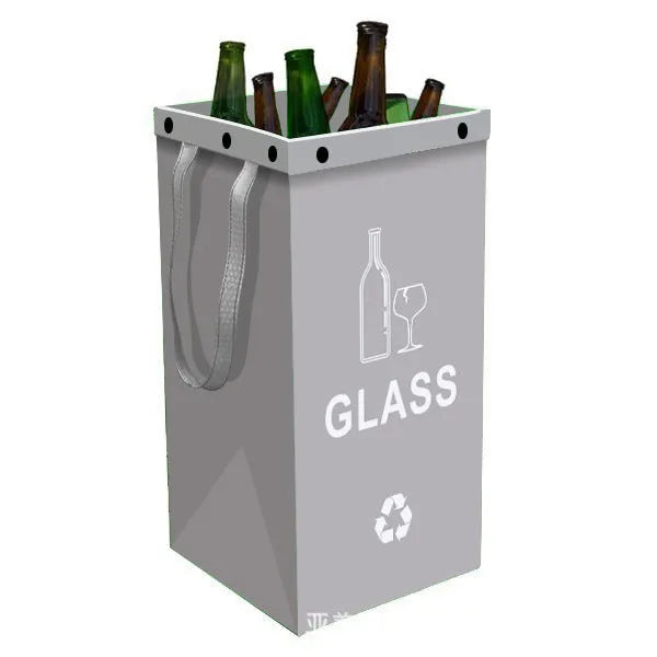 A blue 40-litre waterproof handbag-style rubbish bin made from PP plastic, shown beside furniture.