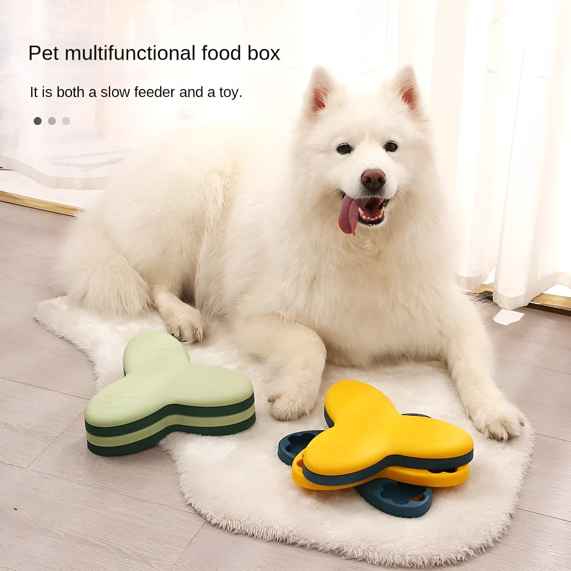 Green and yellow dog puzzle toy with nine bone-shaped covers on a non-slip base.